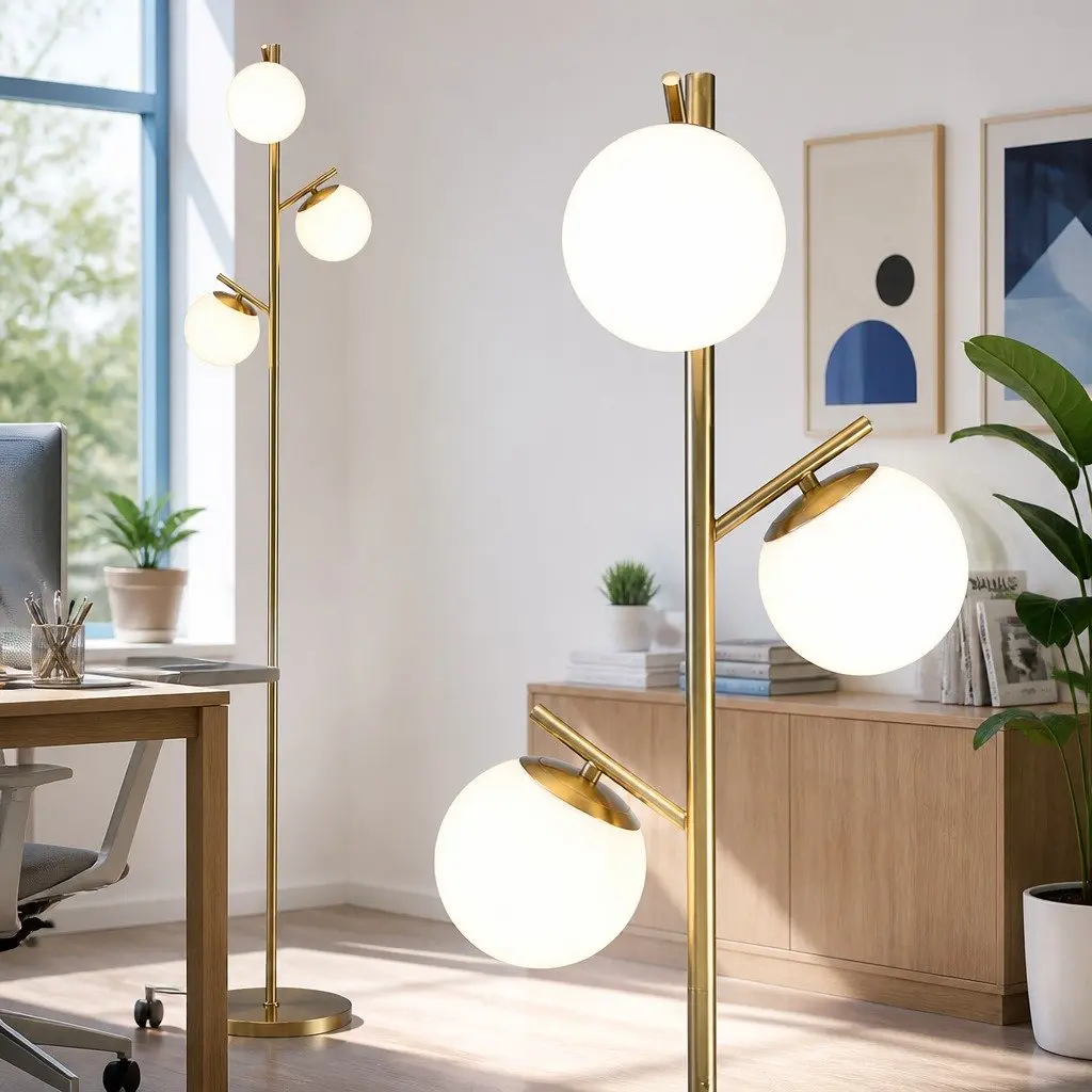 Floor Lamp Metal and Glass 165cm Tall Gold 3-Light Sphere Shades