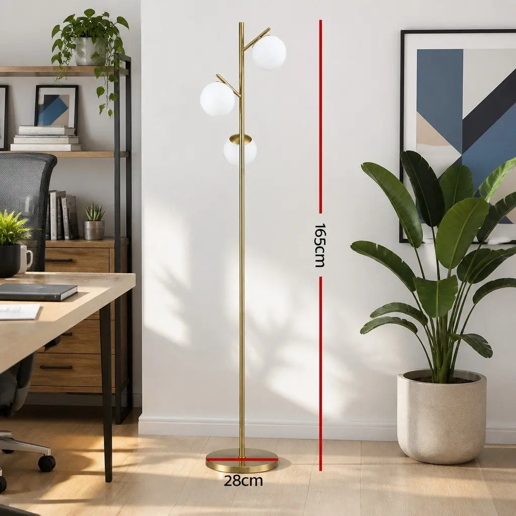 Floor Lamp Metal and Glass 165cm Tall Gold 3-Light Sphere Shades