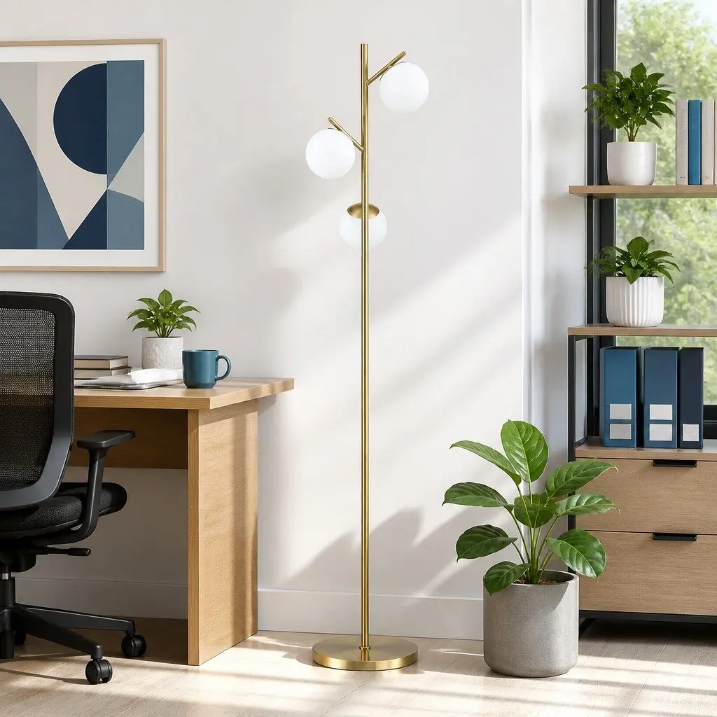 Floor Lamp Metal and Glass 165cm Tall Gold 3-Light Sphere Shades