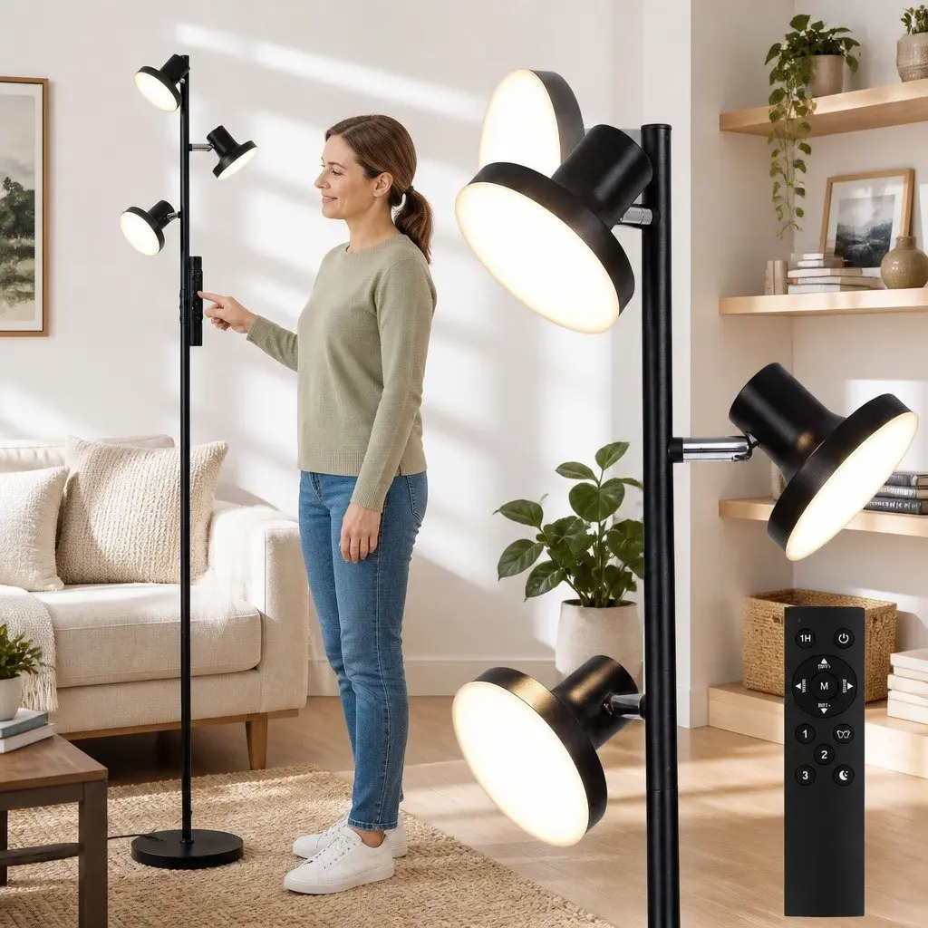 3-Head LED Tree Floor Lamp 36W Dimmable Standing Light Remote Control Touch Pole