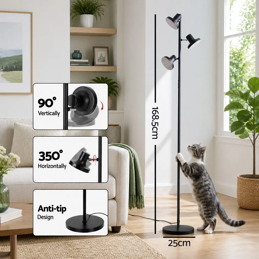 3-Head LED Floor Lamp Dimmable Adjustable Black 36W with Remote Control and Touch Pole