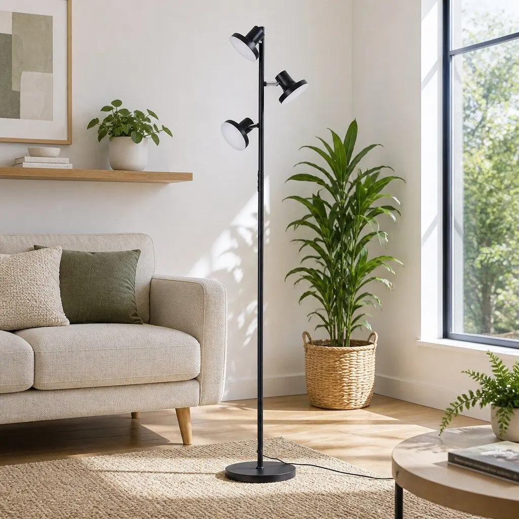 3-Head LED Floor Lamp Dimmable Adjustable Black 36W with Remote Control and Touch Pole