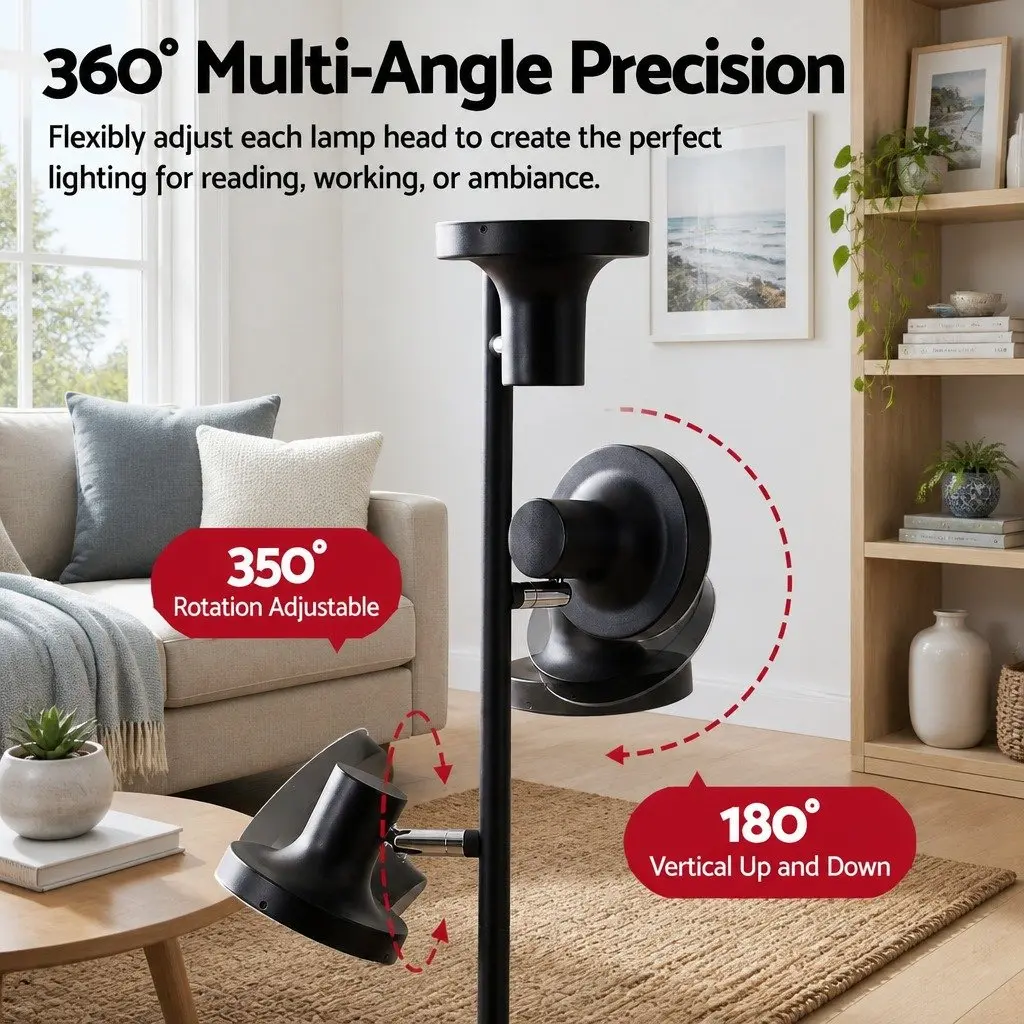 3-Head LED Floor Lamp Dimmable Adjustable Black 36W with Remote Control and Touch Pole