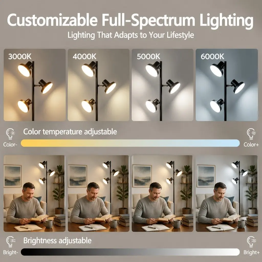 3-Head LED Floor Lamp Dimmable Adjustable Black 36W with Remote Control and Touch Pole