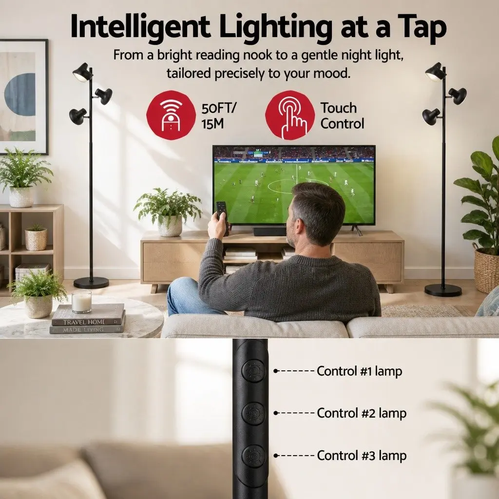 3-Head LED Floor Lamp Dimmable Adjustable Black 36W with Remote Control and Touch Pole