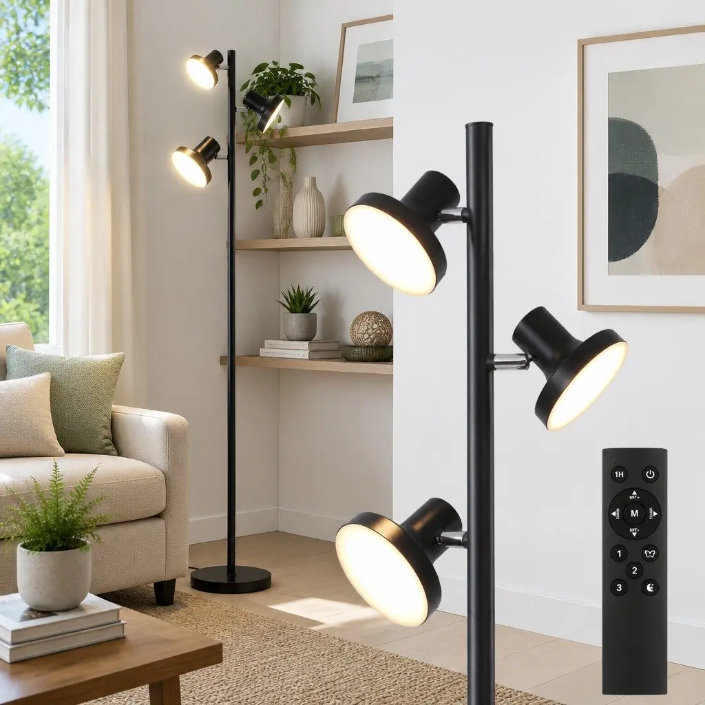 3-Head LED Floor Lamp Dimmable Adjustable Black 36W with Remote Control and Touch Pole