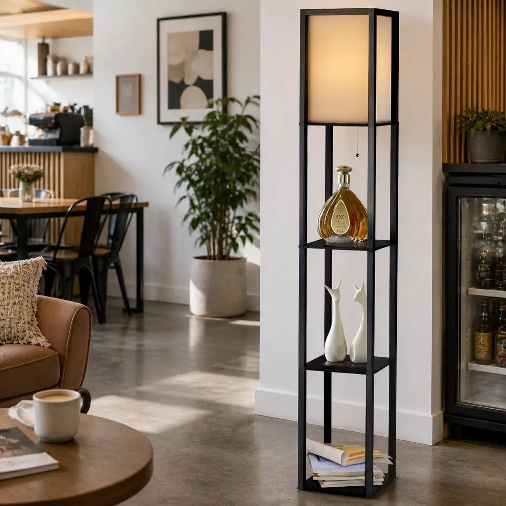 Floor Lamp with 3 Tier Shelf Storage Stand LED Light Vintage Black Home Room