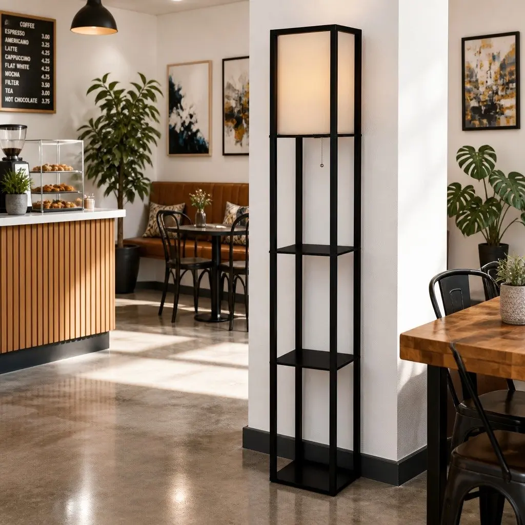Floor Lamp Vintage Black MDF with 3 Tier Shelf Storage Stand 160cm