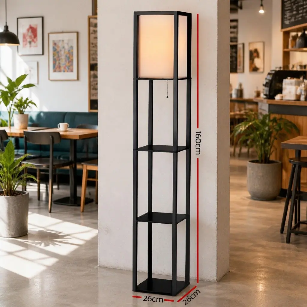 Floor Lamp Vintage Black MDF with 3 Tier Shelf Storage Stand 160cm