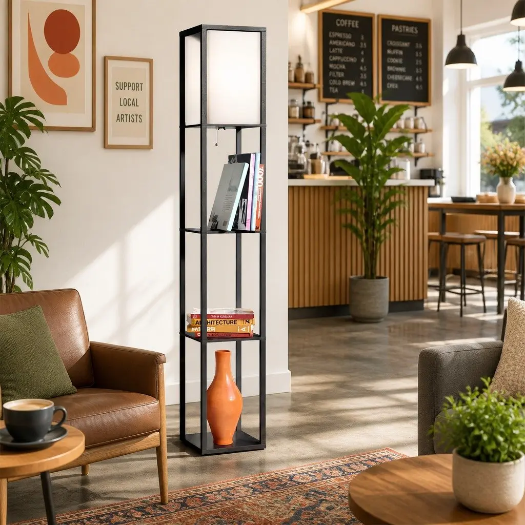 Floor Lamp Vintage Black MDF with 3 Tier Shelf Storage Stand 160cm