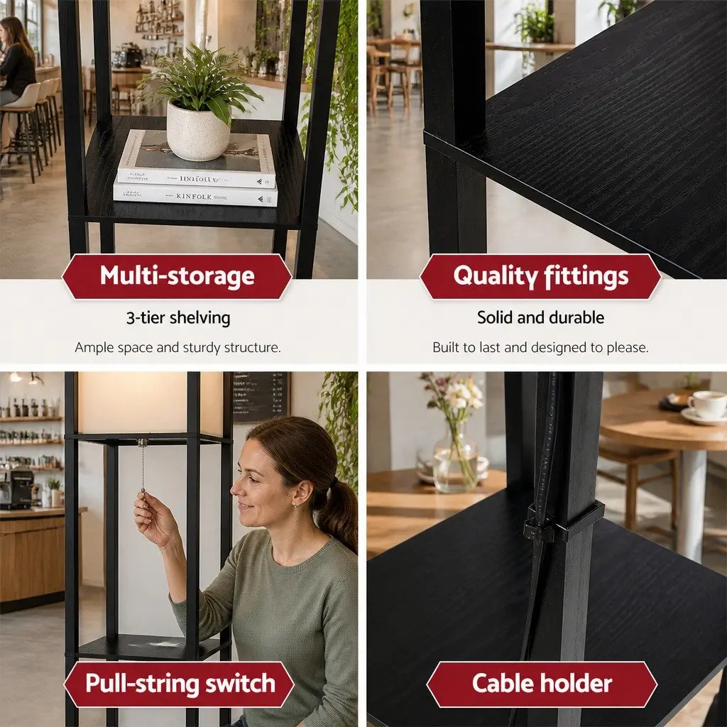 Floor Lamp Vintage Black MDF with 3 Tier Shelf Storage Stand 160cm