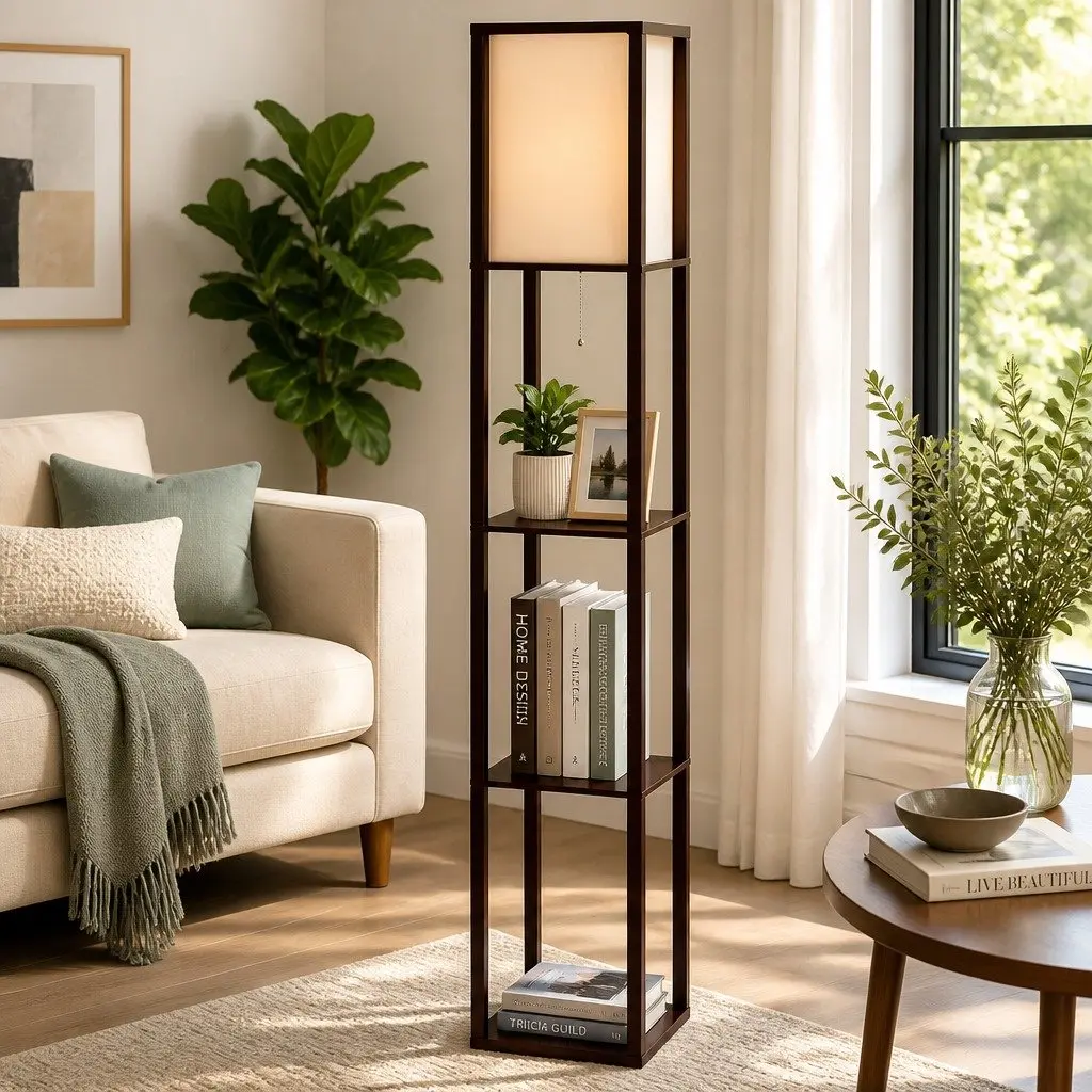 Floor Lamp MDF with 3 Tier Shelf Storage 160cm Brown Vintage
