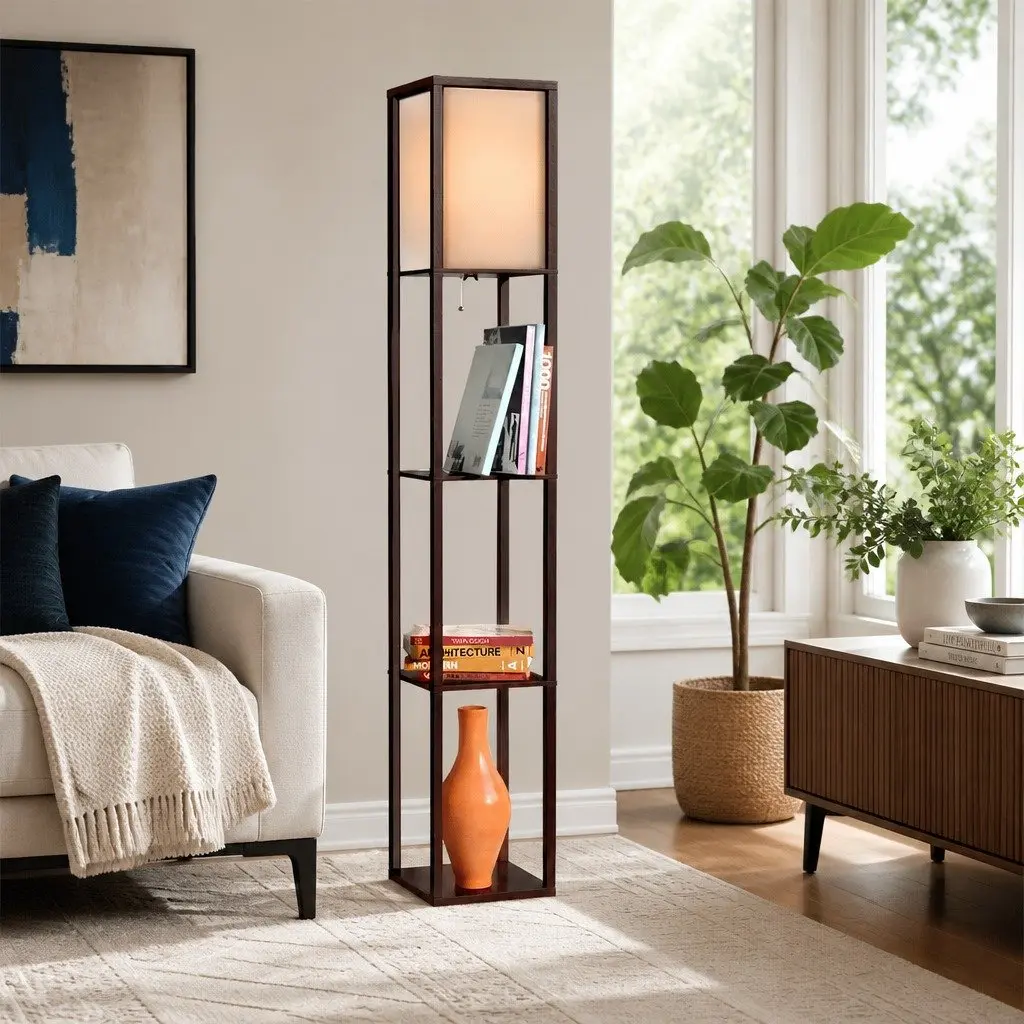 Floor Lamp MDF with 3 Tier Shelf Storage 160cm Brown Vintage