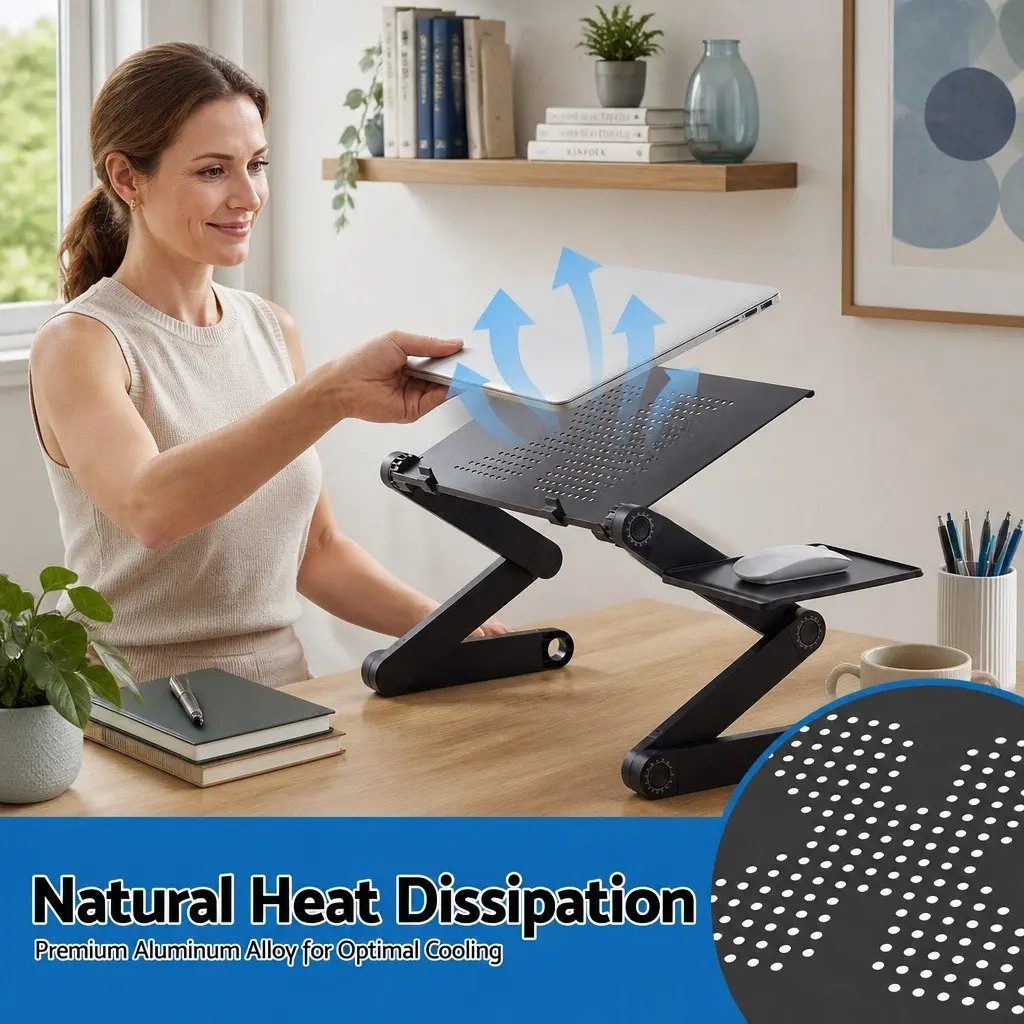 Laptop Stand Portable Aluminium Adjustable Height and Angle Bed Desk Tray Black