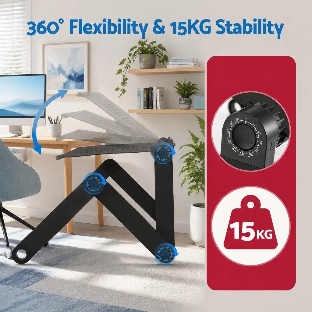 Laptop Stand Portable Aluminium Adjustable Height and Angle Bed Desk Tray Black