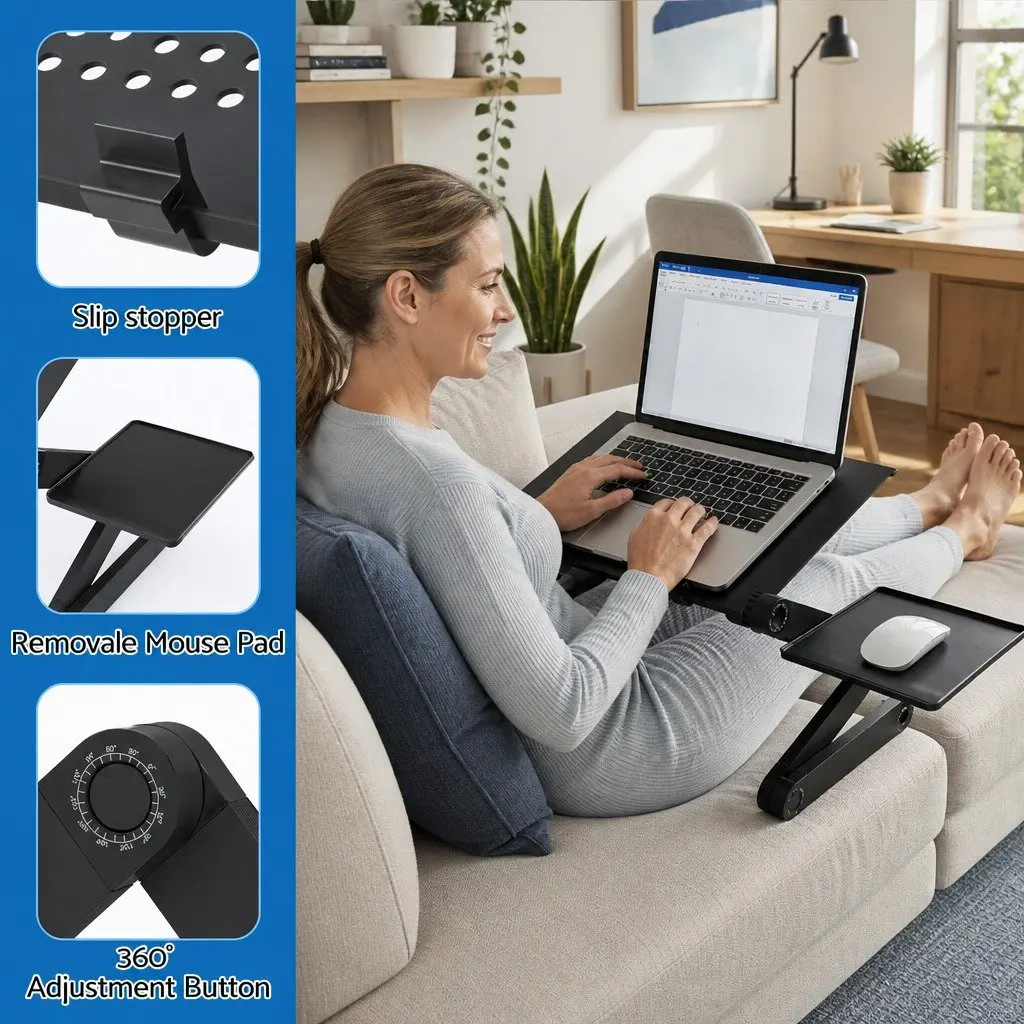 Laptop Stand Portable Aluminium Adjustable Height and Angle Bed Desk Tray Black