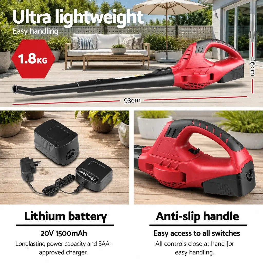 Cordless Leaf Blower 20V Lithium Battery Lightweight Black 2-Speed Nozzle