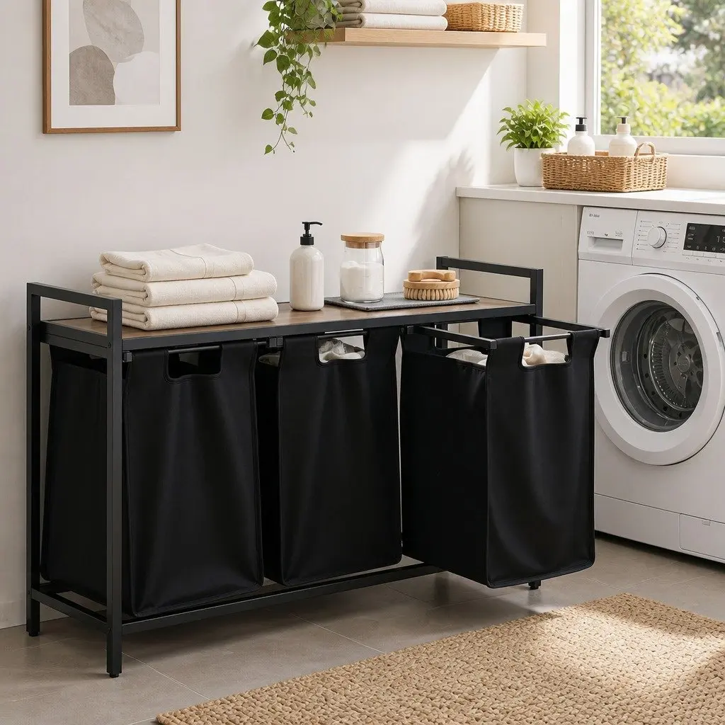 Laundry Basket with Three Pull-out Fabric Bags