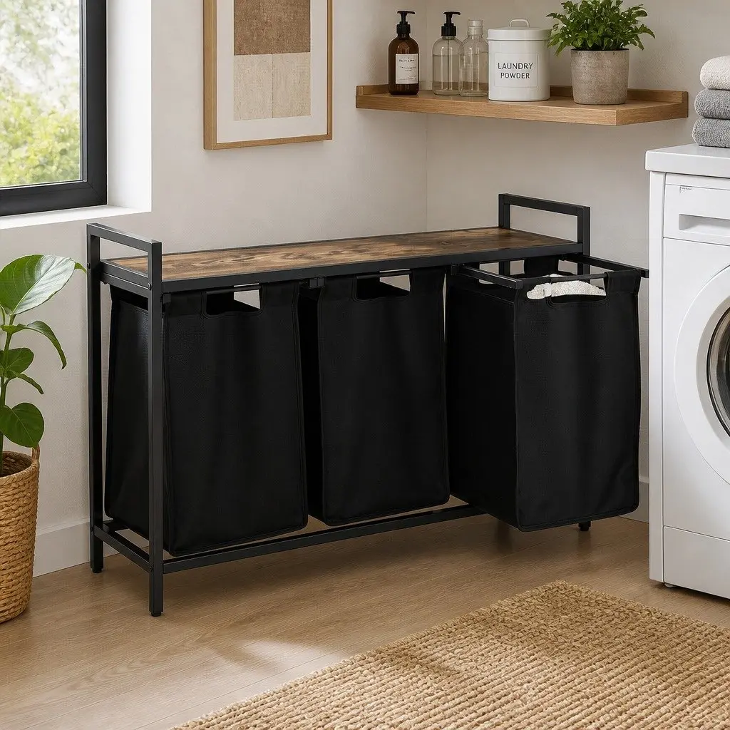 Laundry Basket Black with Metal Frame and 3 Removable Pull-out Bags for Sorting Laundry 135L