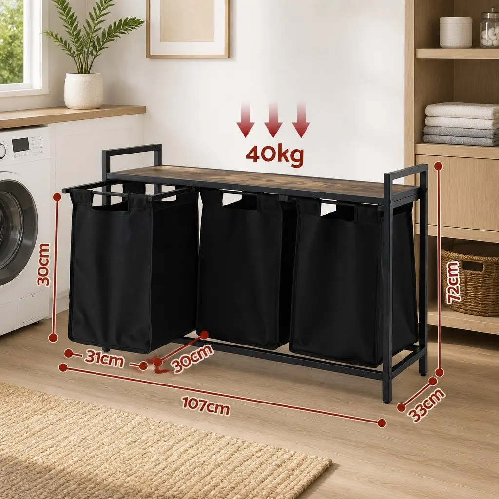 Laundry Basket Black with Metal Frame and 3 Removable Pull-out Bags for Sorting Laundry 135L
