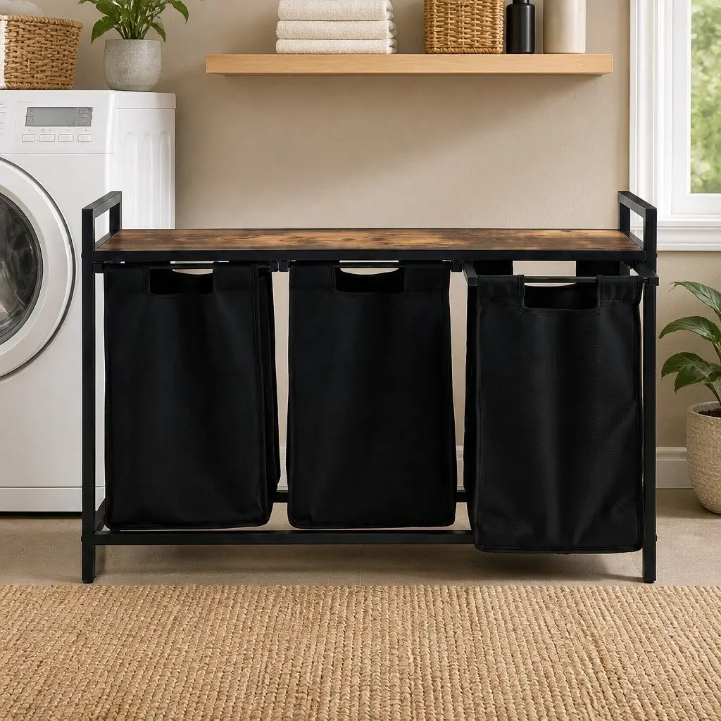 Laundry Basket Black with Metal Frame and 3 Removable Pull-out Bags for Sorting Laundry 135L