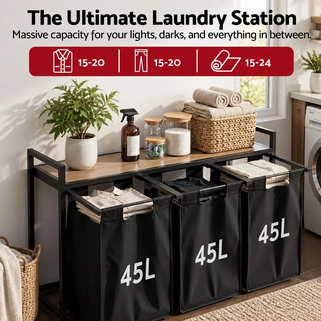 Laundry Basket Black with Metal Frame and 3 Removable Pull-out Bags for Sorting Laundry 135L