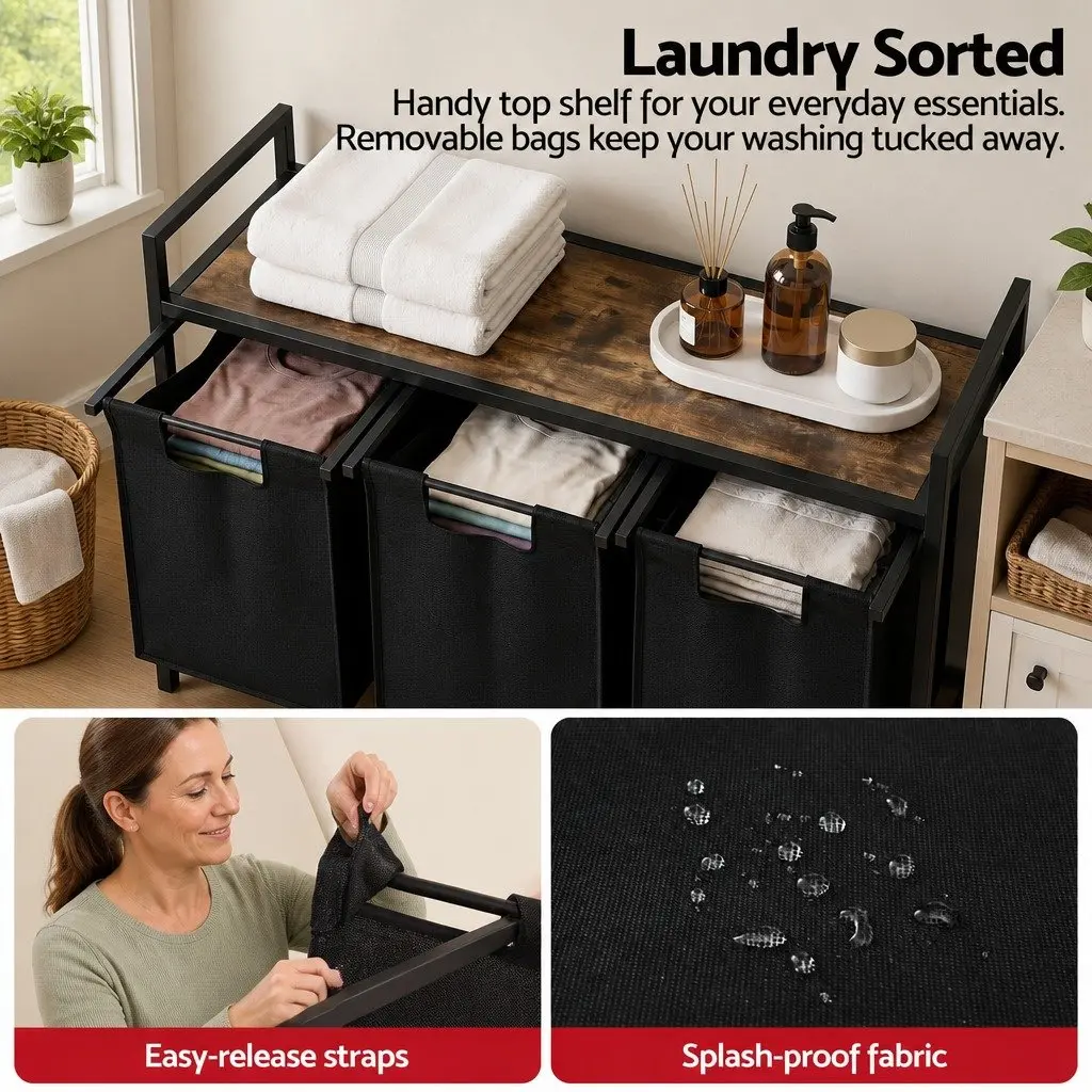 Laundry Basket Black with Metal Frame and 3 Removable Pull-out Bags for Sorting Laundry 135L