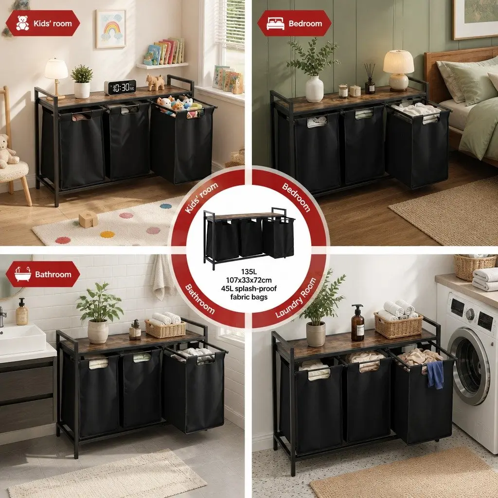 Laundry Basket Black with Metal Frame and 3 Removable Pull-out Bags for Sorting Laundry 135L