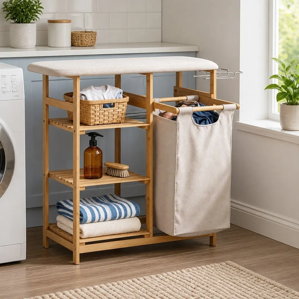Bamboo Laundry Hamper with Integrated Ironing Board