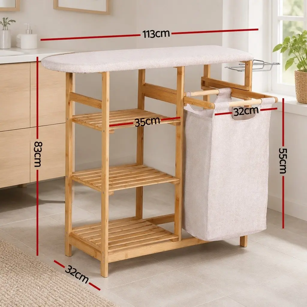 Laundry Basket Hamper Bamboo with Ironing Board and 3 Storage Shelves Natural