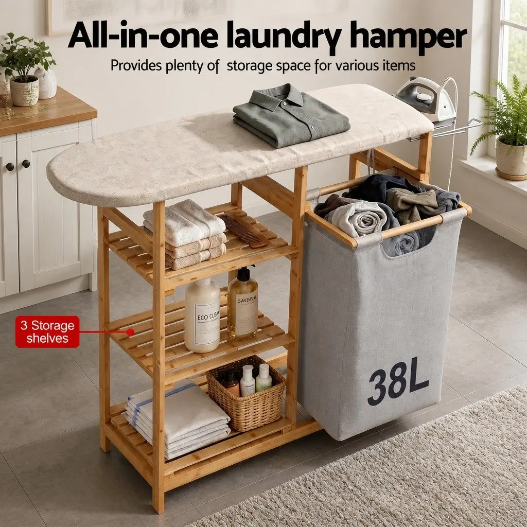 Laundry Basket Hamper Bamboo with Ironing Board and 3 Storage Shelves Natural