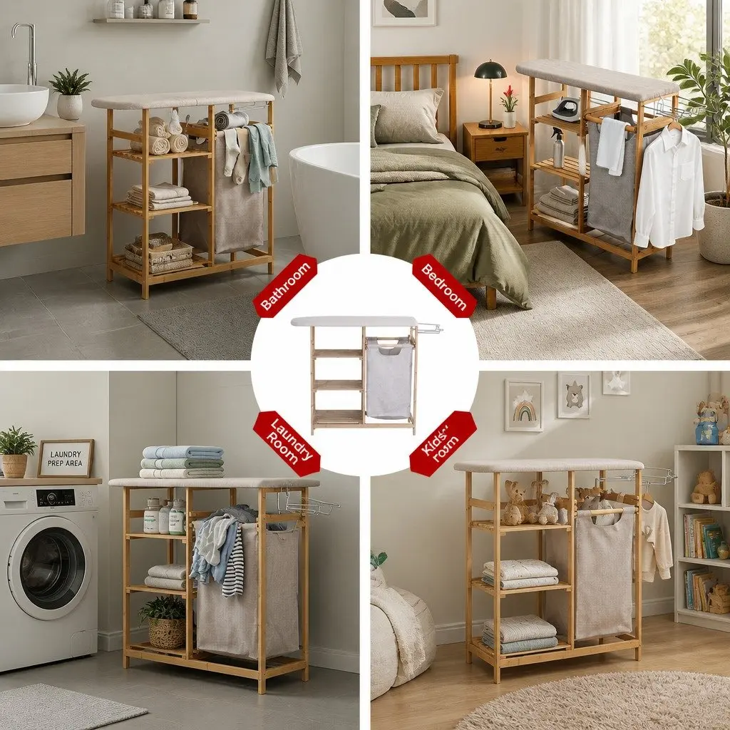 Laundry Basket Hamper Bamboo with Ironing Board and 3 Storage Shelves Natural