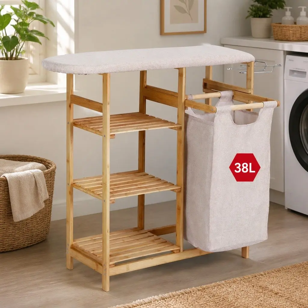 Laundry Basket Hamper Bamboo with Ironing Board and 3 Storage Shelves Natural