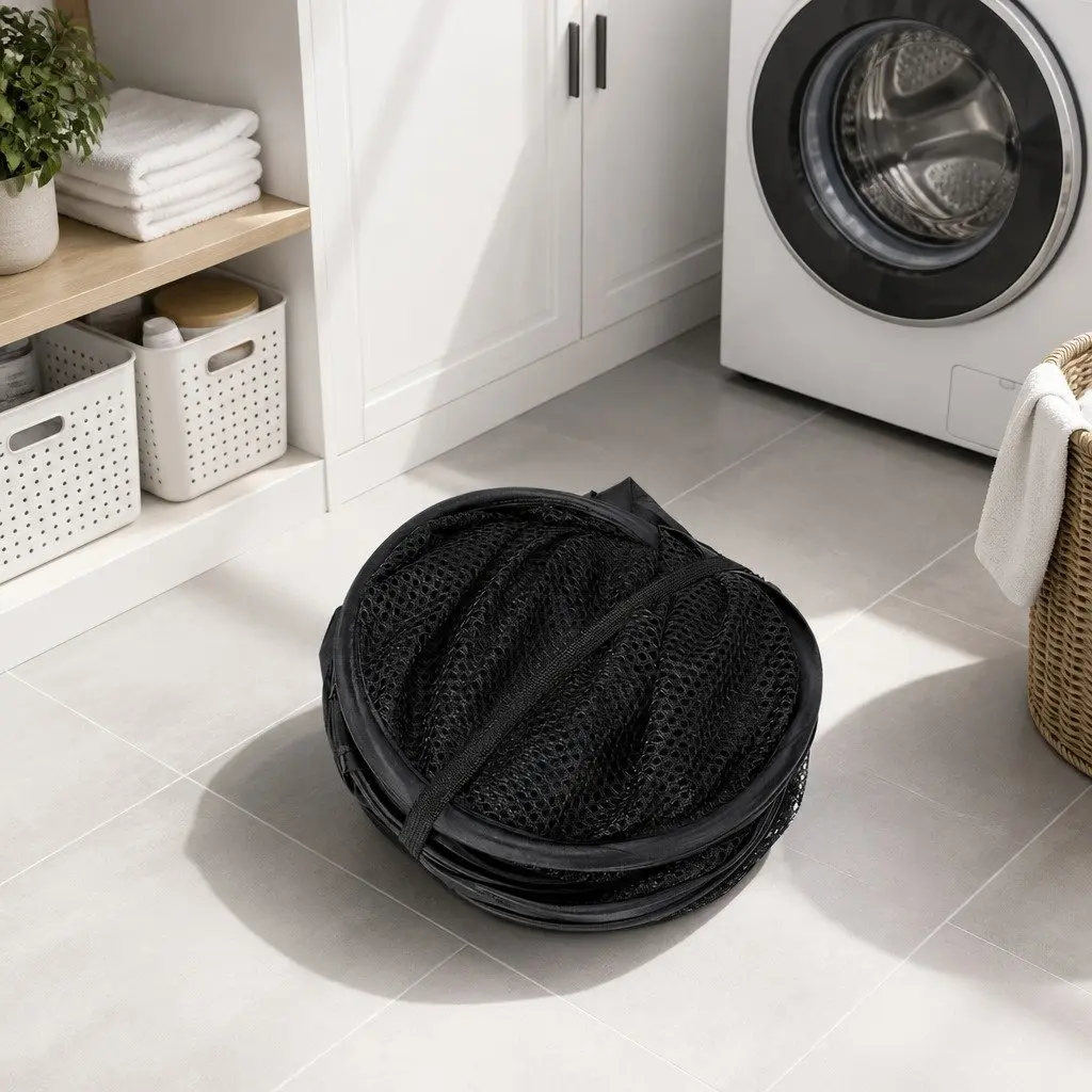 Laundry Basket Ventilated Mesh Foldable Black 2 Pack