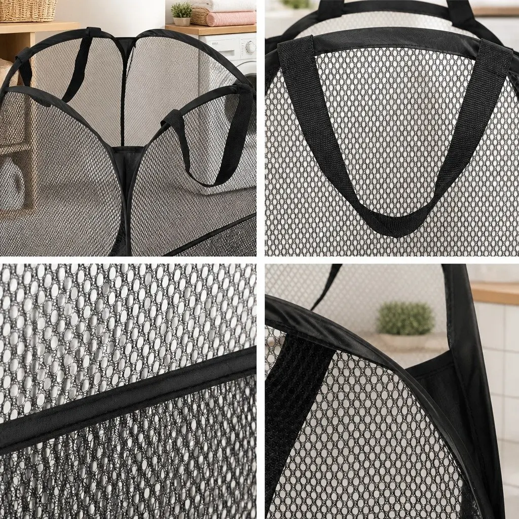 Laundry Basket Ventilated Mesh Foldable Black 2 Pack