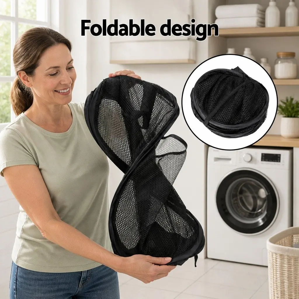 Laundry Basket Ventilated Mesh Foldable Black 2 Pack