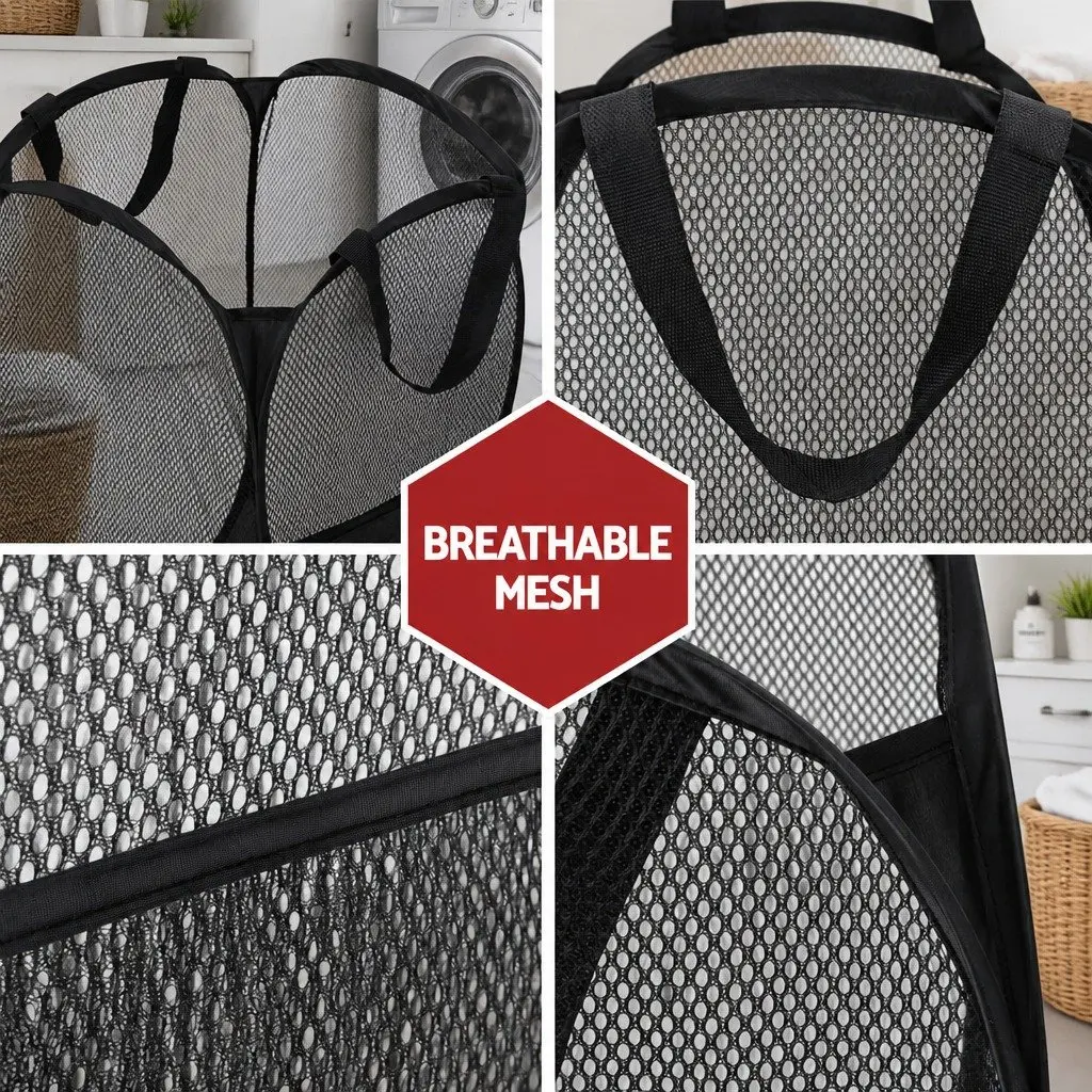 Laundry Basket Ventilated Mesh Foldable Black 2 Pack