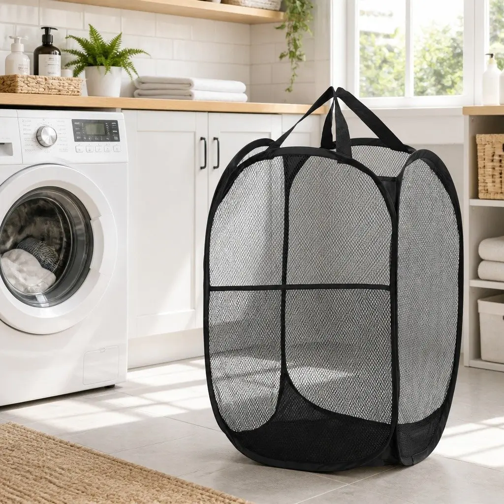 Laundry Basket Ventilated Mesh Foldable Black 2 Pack