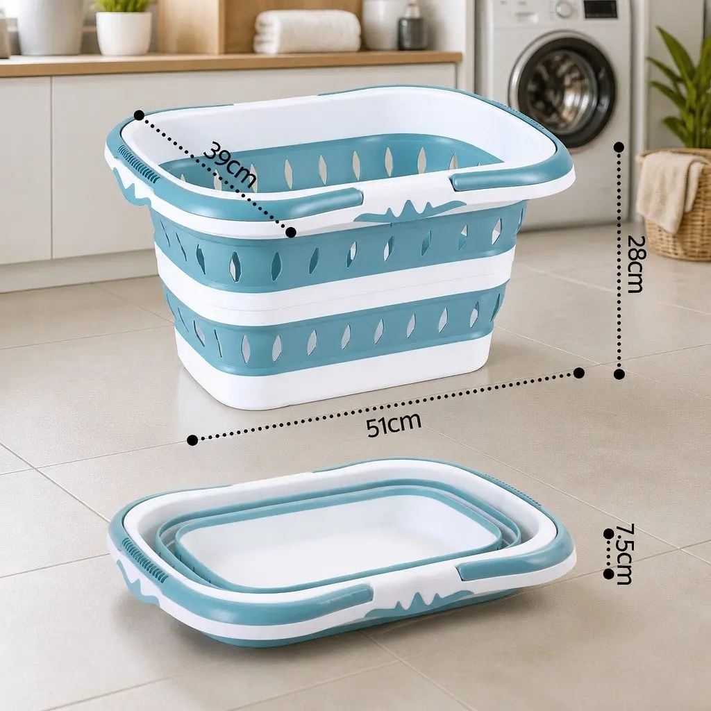 Large Foldable Laundry Basket Plastic Ventilated 51cm x 39cm x 28cm Blue & White