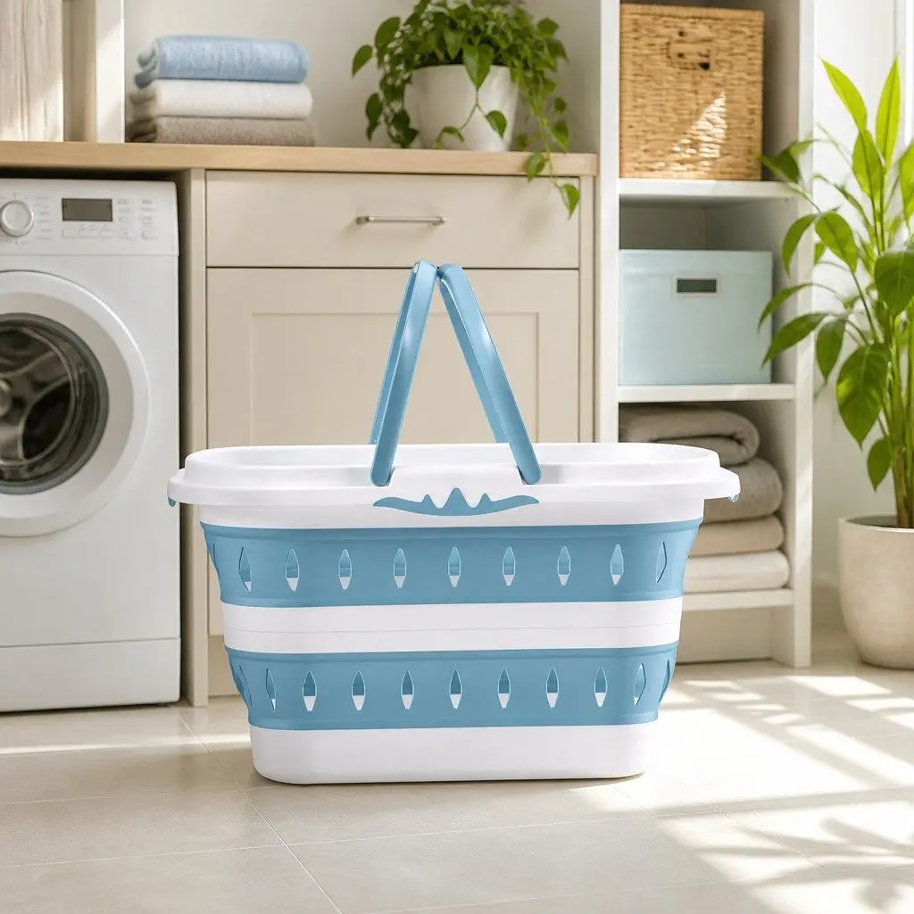 Large Foldable Laundry Basket Plastic Ventilated 51cm x 39cm x 28cm Blue & White