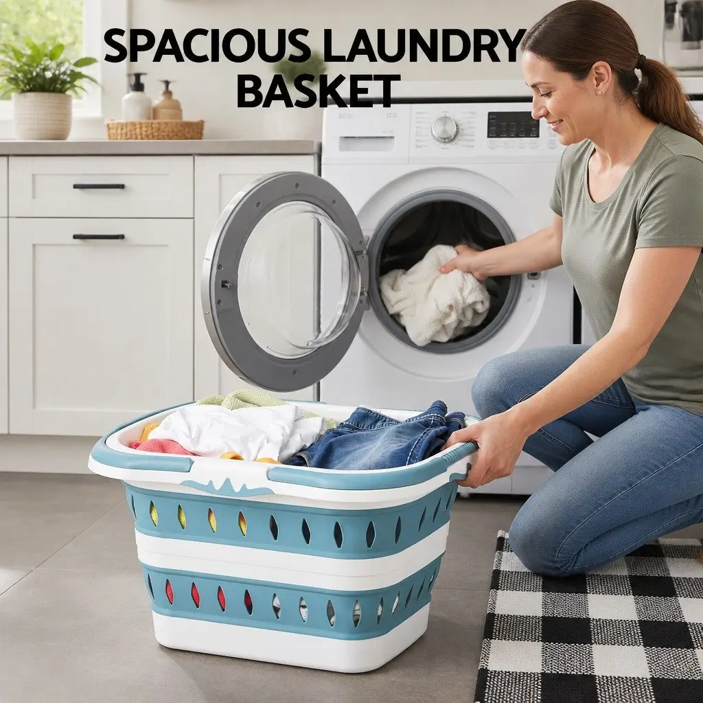 Large Foldable Laundry Basket Plastic Ventilated 51cm x 39cm x 28cm Blue & White