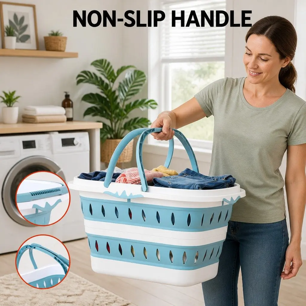 Large Foldable Laundry Basket Plastic Ventilated 51cm x 39cm x 28cm Blue & White