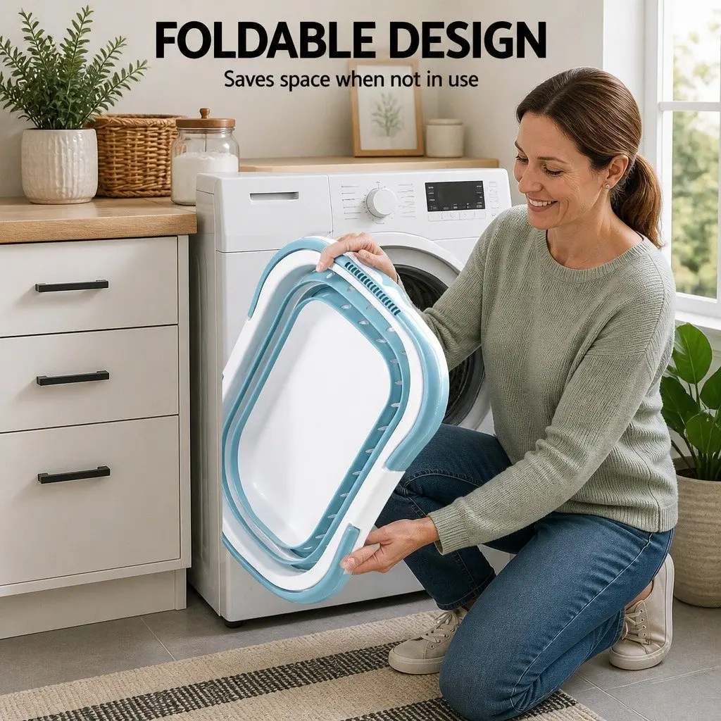 Large Foldable Laundry Basket Plastic Ventilated 51cm x 39cm x 28cm Blue & White