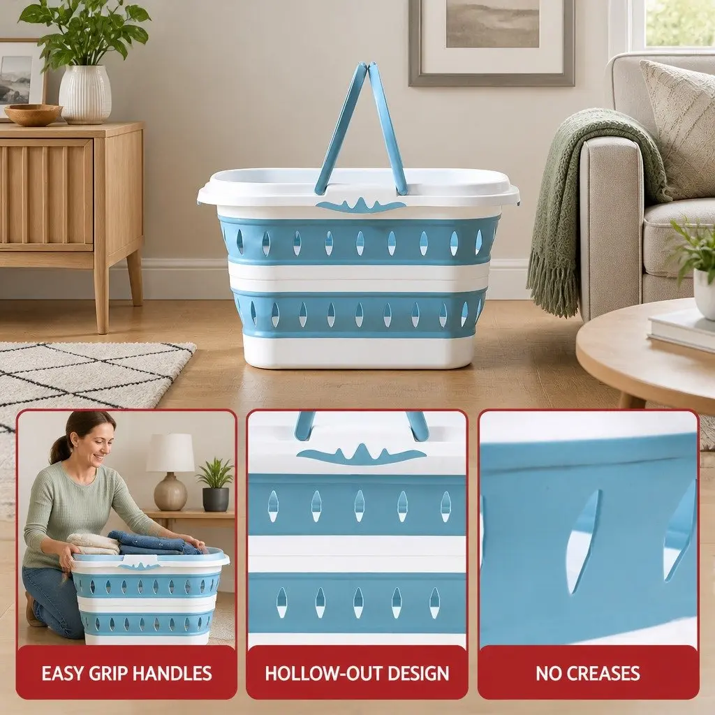 Large Foldable Laundry Basket Plastic Ventilated 51cm x 39cm x 28cm Blue & White