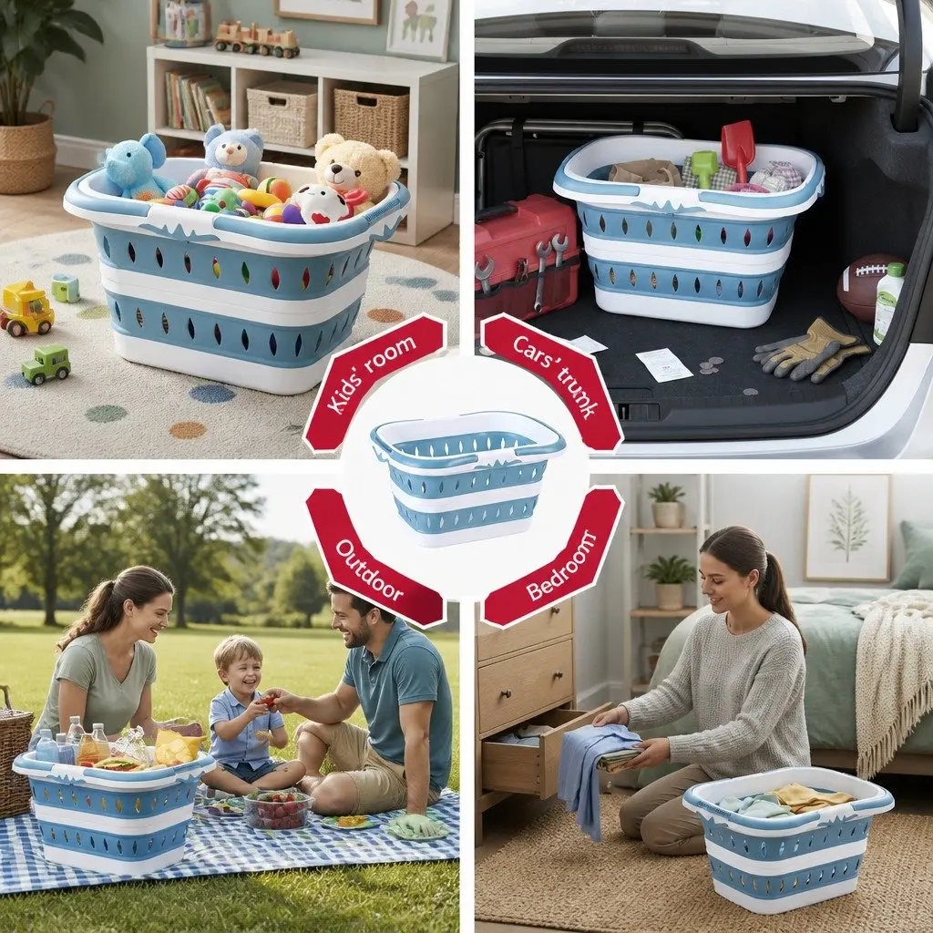 Large Foldable Laundry Basket Plastic Ventilated 51cm x 39cm x 28cm Blue & White