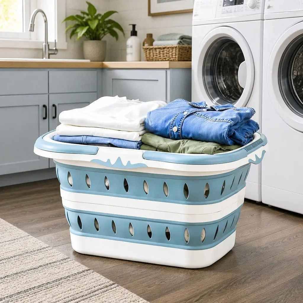 Large Foldable Laundry Basket Plastic Ventilated 51cm x 39cm x 28cm Blue & White