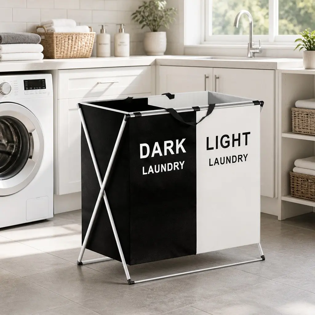 Foldable Laundry Basket Hamper Aluminium Alloy 2 Sections Large Capacity Black White