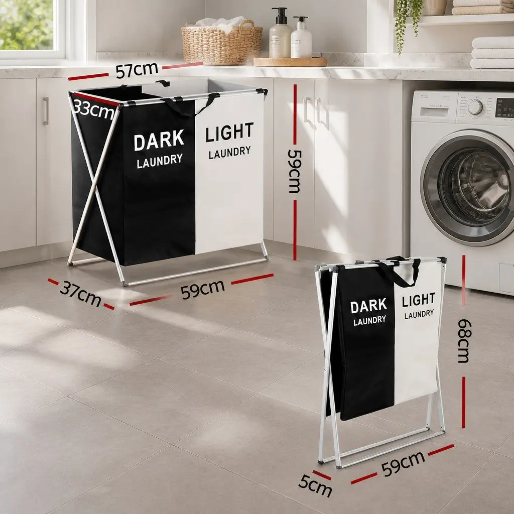 Foldable Laundry Basket Hamper Aluminium Alloy 2 Sections Large Capacity Black White