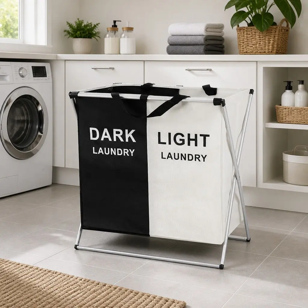 Foldable Laundry Basket Hamper Aluminium Alloy 2 Sections Large Capacity Black White