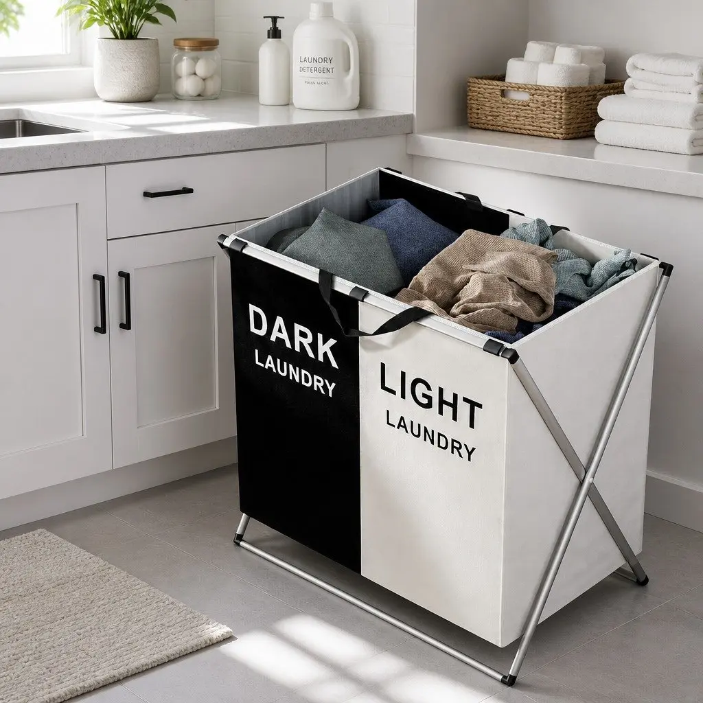 Foldable Laundry Basket Hamper Aluminium Alloy 2 Sections Large Capacity Black White